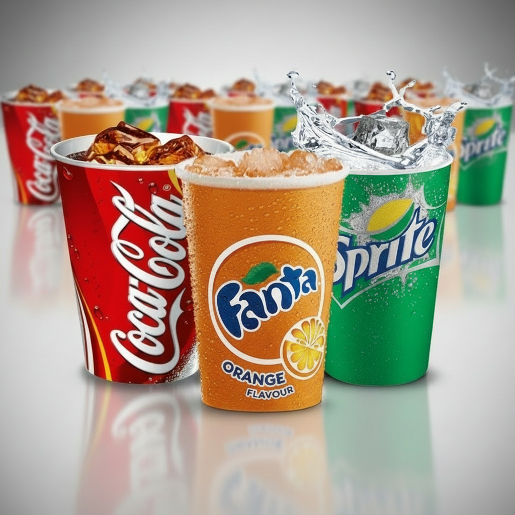 Three soda cups with Coca-Cola, Fanta, and Sprite logos on a transparent background