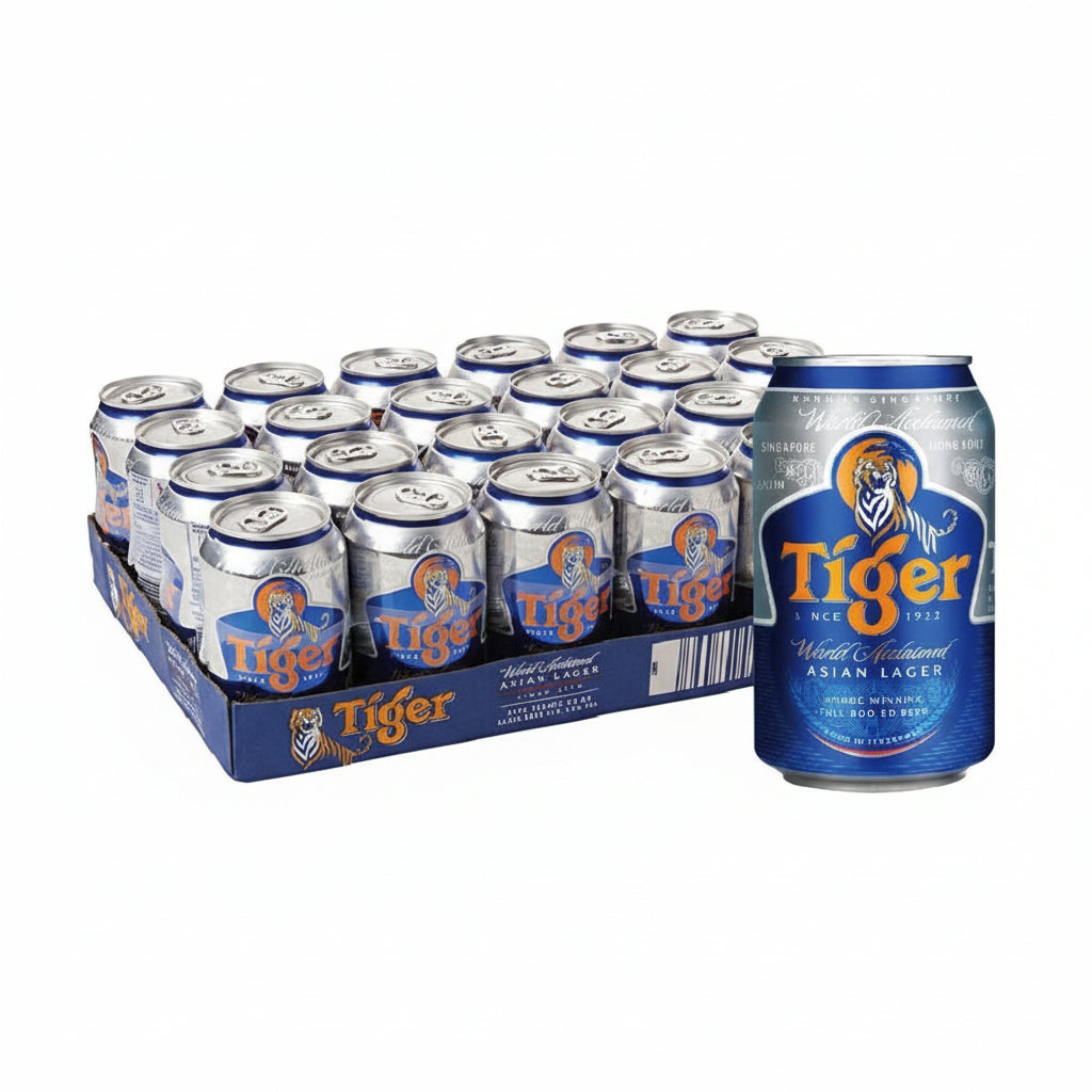 Case of Tiger beer cans with a prominent can in the foreground.