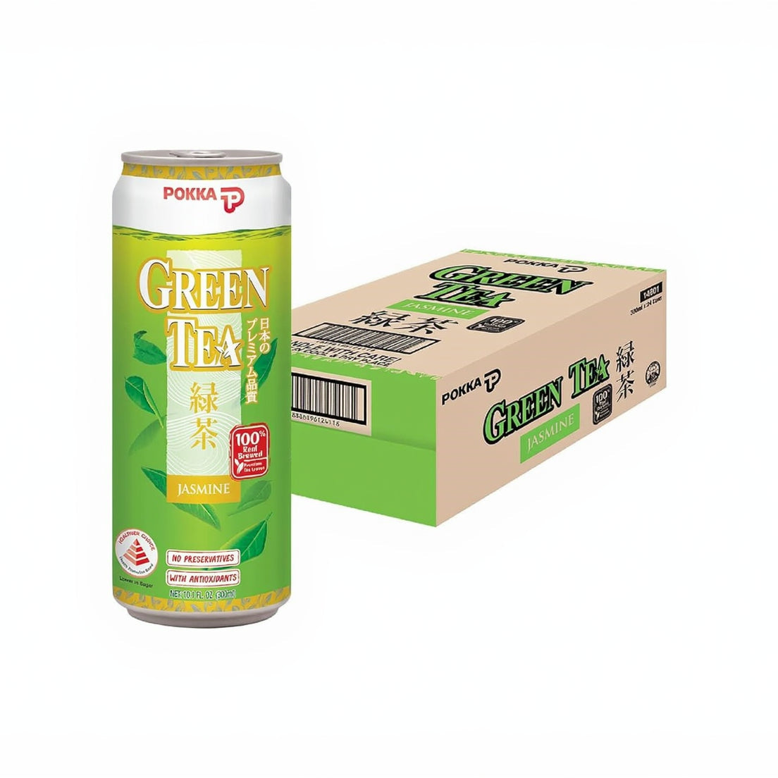 Pokka Green Tea can and box on a white background